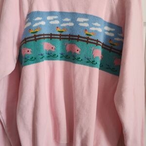 Hanes Vintage Made In USA Pink Crewneck Sweater with Farm Animal Knit Band